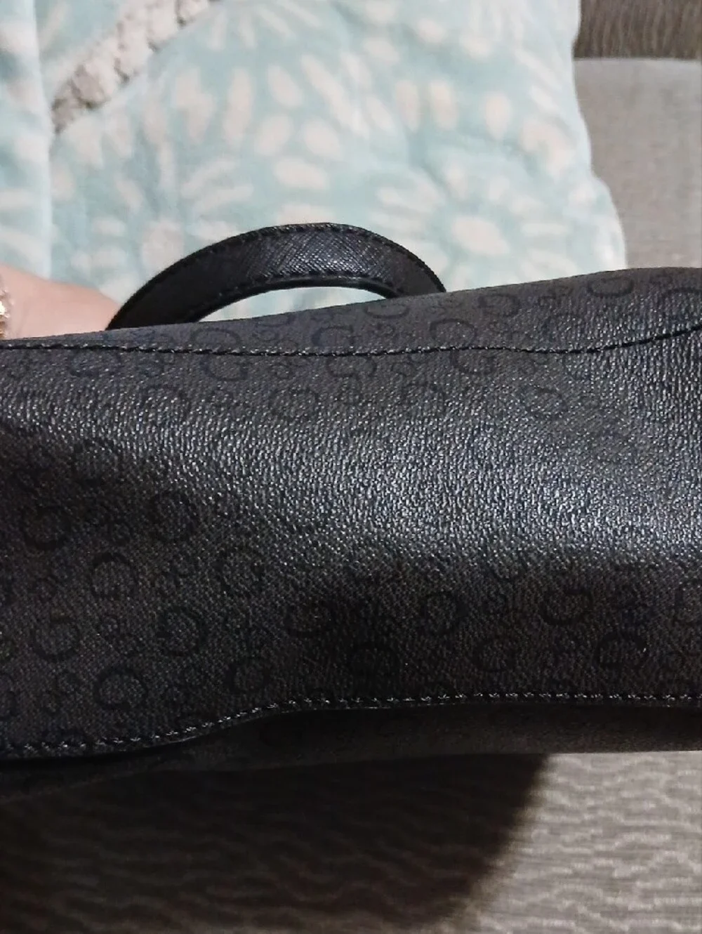Guess Black Logo-Pattern Satchel with Silver Triangle Emblem